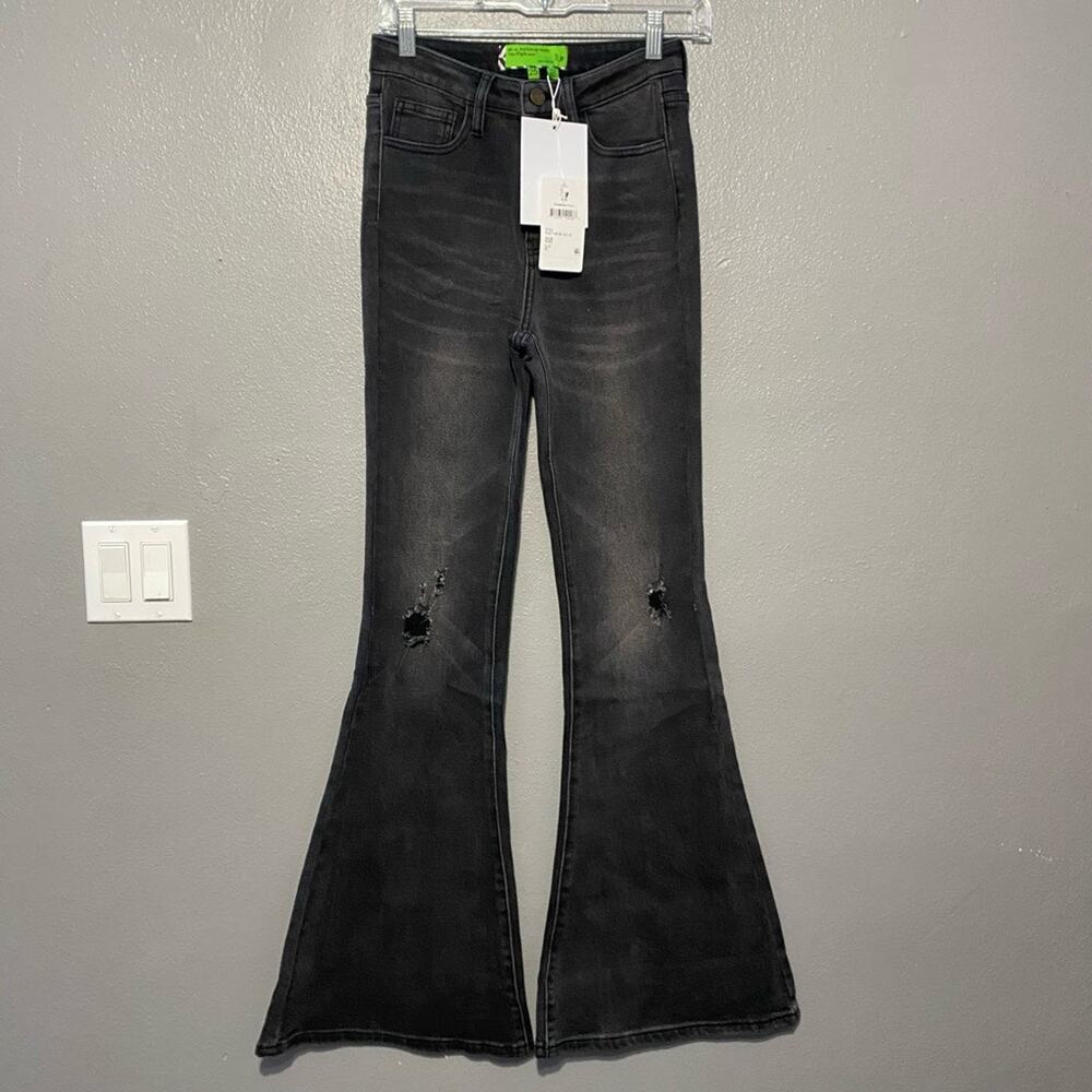 Sandrine Rose Free People Super Flare Jeans Distressed High Rise Black Size 25